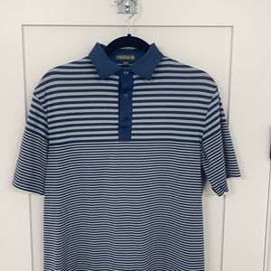 Blue and grey striped Peter Millar golf polo